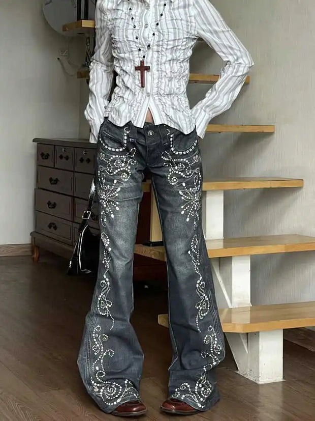 Women Harajuku Flare Jeans Grunge Japanese Harajuku Gyaru Y2K Denim Pants Cyber Punk Hip-pop 2000s Aesthetic Bell-Bottom Trouser