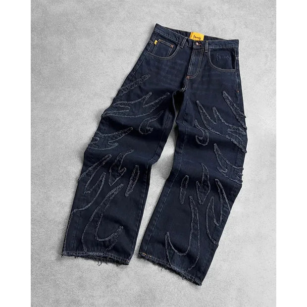Y2K High Quality Vintage Jeans American Fashion Harajuku Flame Embroidery High Waist Wide Leg Jeans Men Women Hip Hop Streetwear