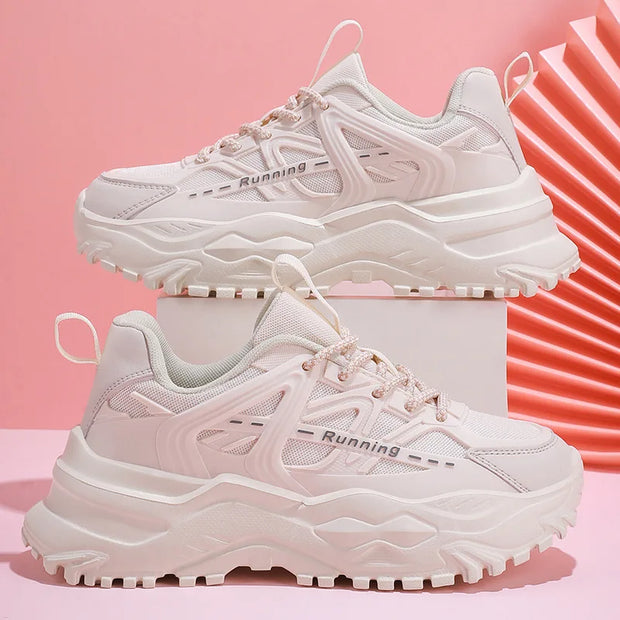 Clunky Sneaker Trend Thick Sole Mesh Surface Breathable Casual Sports Single Shoes Lace-up All Outdoor Fashion Shoes Women
