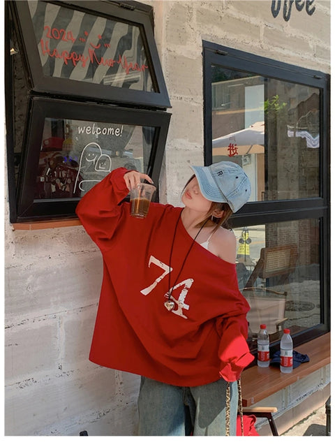T-Shirts Women Off-shoulder Loose Fit Lazy Style All-match Young Students High Street Korean Fashion Spring Daily Tops Trendy