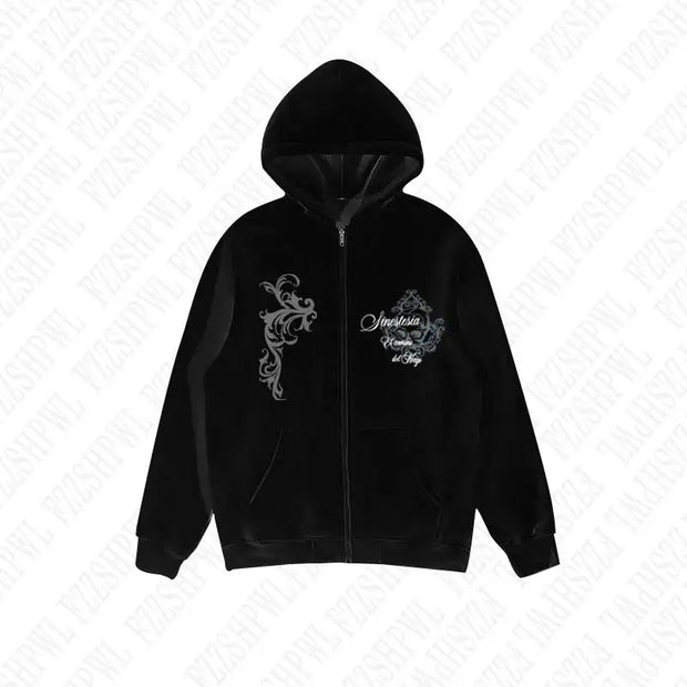Dark Faux Fur Collar Harajuku Punk Y2K Zip up hoodie High street Skull Zipper Hoodie sweatshirt Retro Hip Hop Top Gothic Jacket