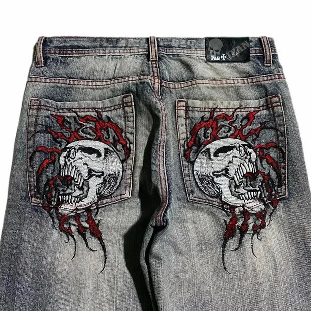 Y2K Washed Distressed Black Gray Jeans Men Women Harajuku Vintage Skull Graphic Embroidered Jeans Streetwear High Waist Trousers