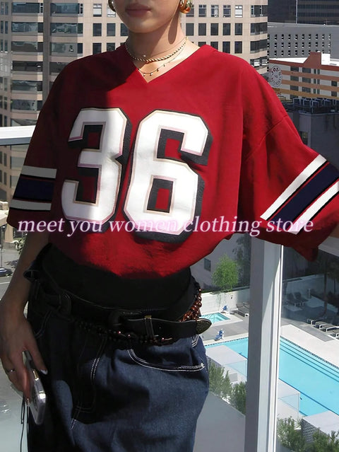 Number NO.27  Print Woman NO.36 T Shirt Girl Oversize Daily Top Female Creativity Streettshirt V-Neck T-Shirt Casual Clothes
