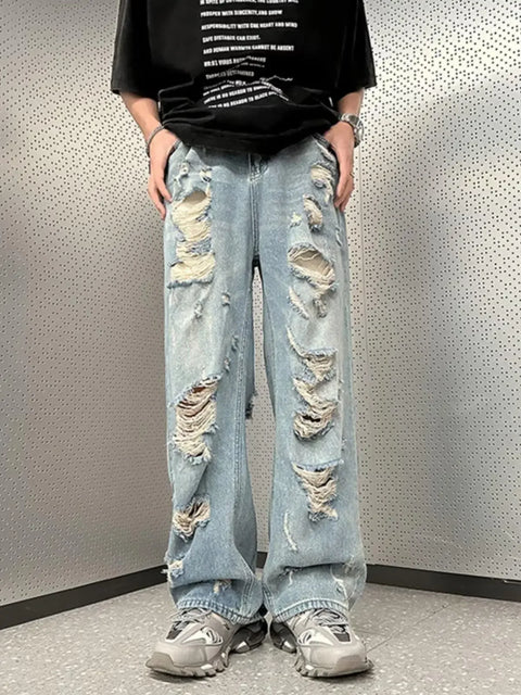 Vintage Distressed Straight-leg Jeans American Style Slimming Bell Bottoms Loose Fit High-waisted Summer Thin Version For Men