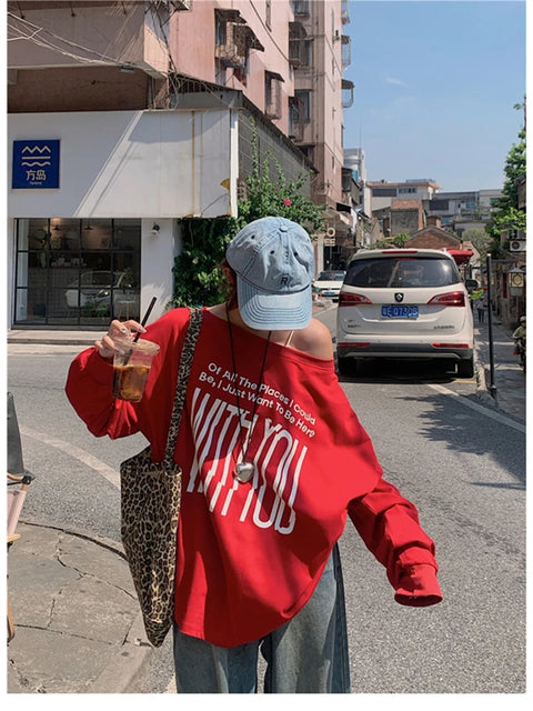 T-Shirts Women Off-shoulder Loose Fit Lazy Style All-match Young Students High Street Korean Fashion Spring Daily Tops Trendy