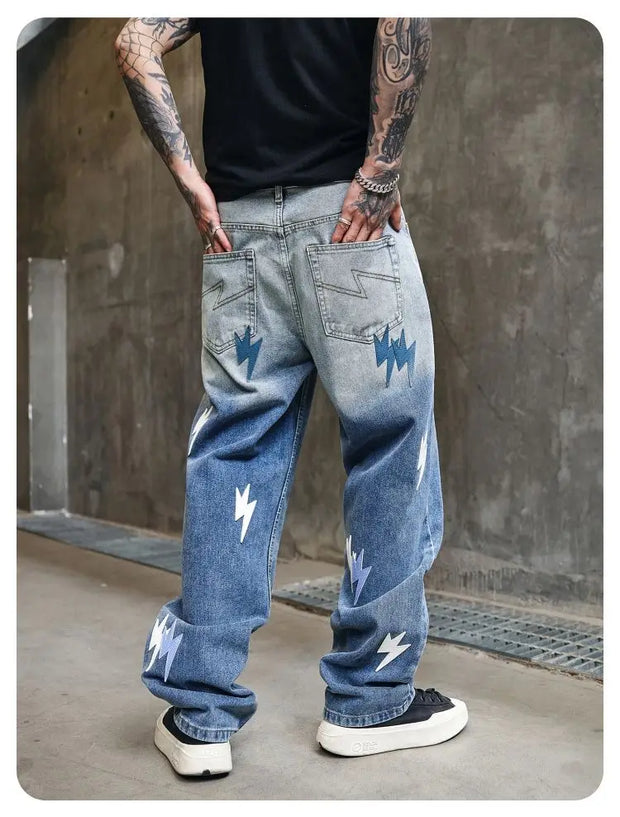 Trousers Straight Man Cowboy Pants with Print Men's Jeans Hip Hop Star Cotton 2025 Trend Stacked 90s Streetwear Y2k Vintage Kpop