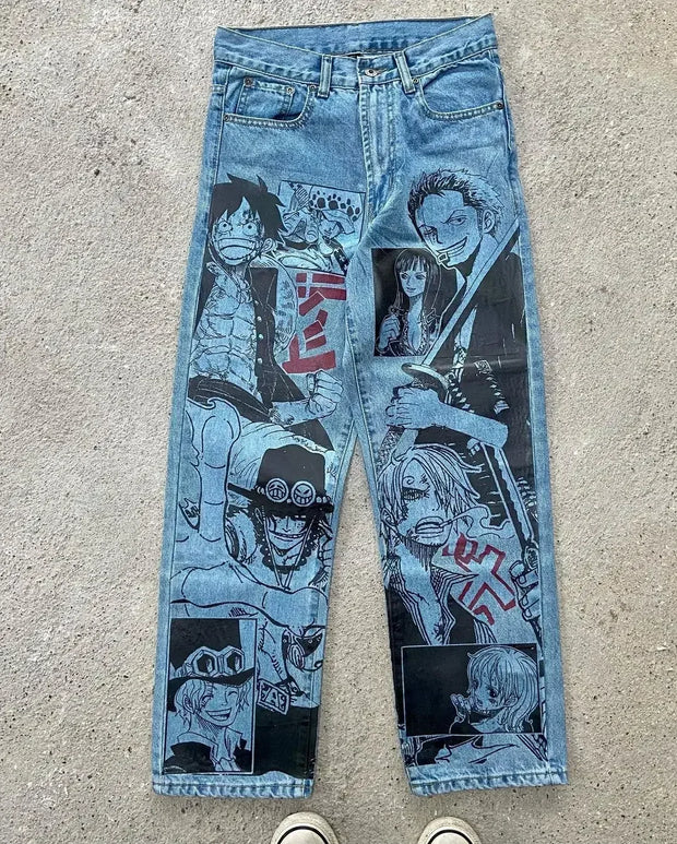 Harajuku Anime Graphic wide leg jeans High Waist Jeans Pants Women new Japanese Style Streetwear Y2K Jeans for Men Wide Trouser