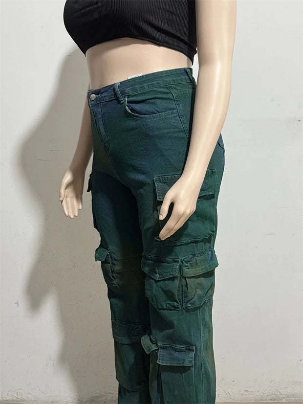 Streetwear Jeans Pants Fall Clothes 2024 Women High Wasit Multi Pocket Straight Denim Pants Female Fashion Jean Trousers Bottoms