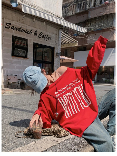 T-Shirts Women Off-shoulder Loose Fit Lazy Style All-match Young Students High Street Korean Fashion Spring Daily Tops Trendy