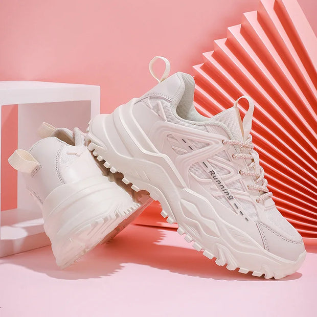 Clunky Sneaker Trend Thick Sole Mesh Surface Breathable Casual Sports Single Shoes Lace-up All Outdoor Fashion Shoes Women