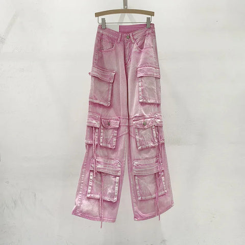 Pink Multi Pocket Overalls Jeans Female Y2K Punk Hip Hop Gothic Loose Fashion Jeans 2024 Autumn New American Retro High Street