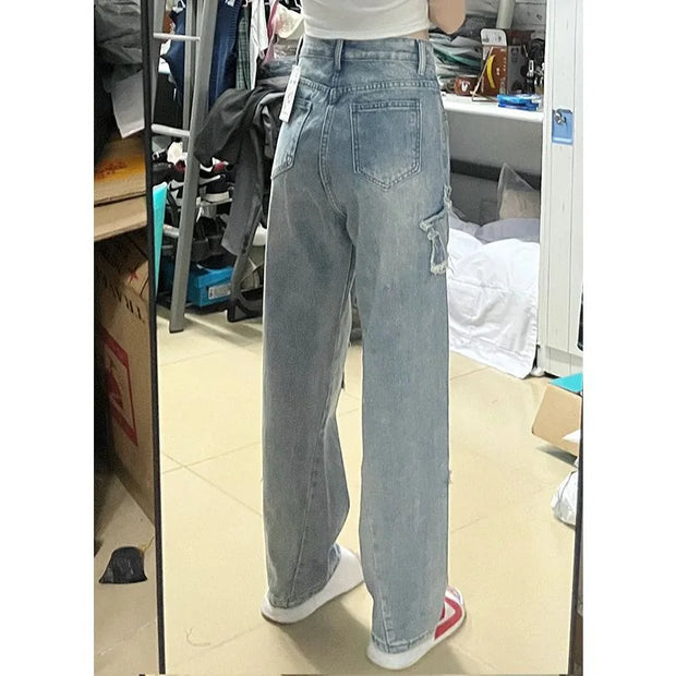 Blue Embroidered Jeans Women, Spring and Autumn New Design, Niche Loose Straight Wide-Leg Pants Trend