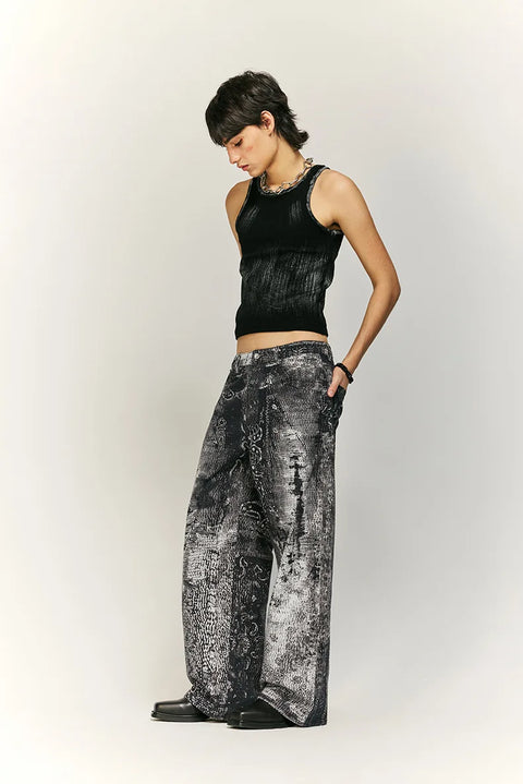 Retro Cashew Flower Digital Print Jeans Y2k Men’s Jeans Men Clothing Distressed Pants