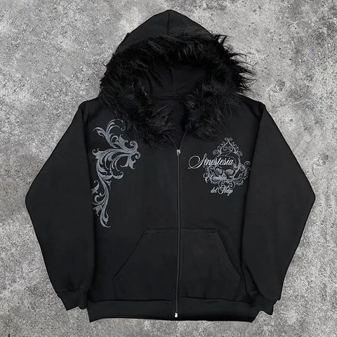 Dark Faux Fur Collar Harajuku Punk Y2K Zip up hoodie High street Skull Zipper Hoodie sweatshirt Retro Hip Hop Top Gothic Jacket