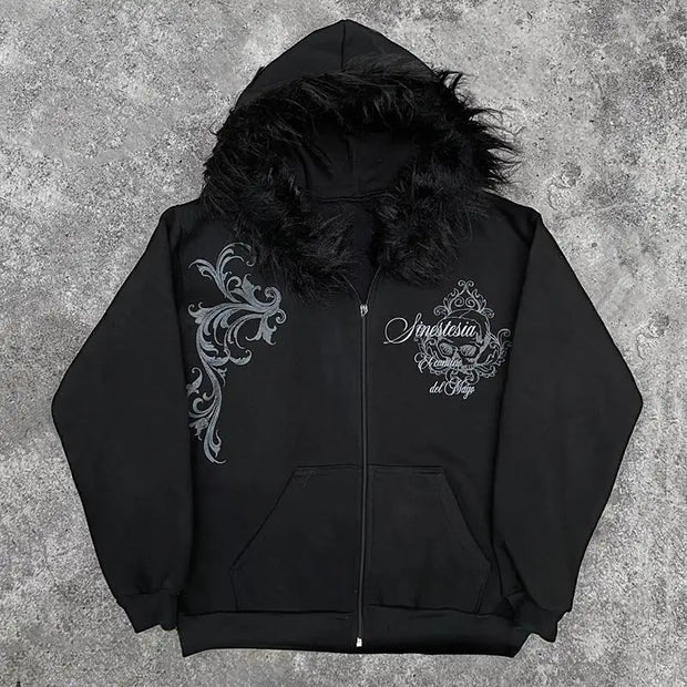 Dark Faux Fur Collar Harajuku Punk Y2K Zip up hoodie High street Skull Zipper Hoodie sweatshirt Retro Hip Hop Top Gothic Jacket