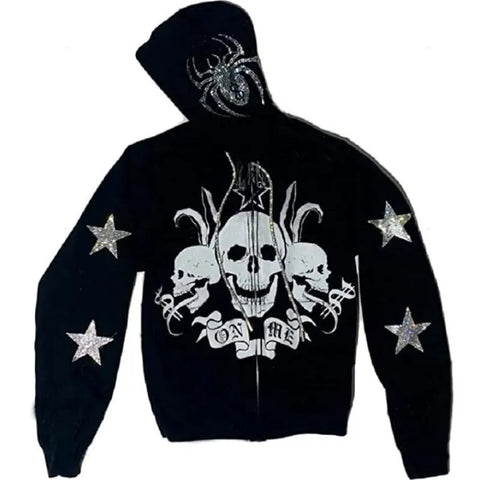 Y2K Rhinestone Cobweb Zip Up Oversized Sweatshirt 2022 Autumn Goth Hoodie Men Women Grunge Hooded Jacket Streetwear Y2K Clothing