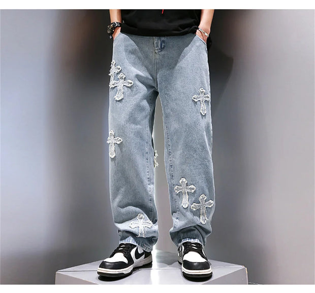 High Street Jeans Men Cross Graphic Baggy Denim Pants Unisex Young Streetwear Blue Loose Punk Casual Fashion Y2k Trousers Summer