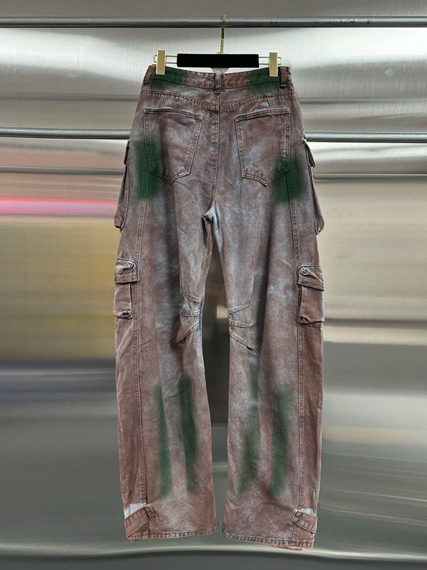 VGH Streetwear Loose Cargo Trousers for Women High Waist Spliced Pockets Washed Punk Style Wide Leg Pants Female Spring Clothes
