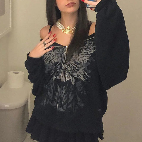 Y2K Rhinestone Cobweb Zip Up Oversized Sweatshirt 2022 Autumn Goth Hoodie Men Women Grunge Hooded Jacket Streetwear Y2K Clothing