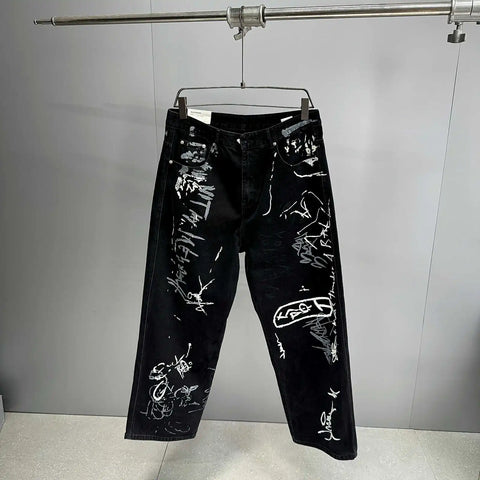 American Hip Hop Baggy Jeans Mens Clothing Streetwear Paint Graffiti Black Skateboard Street Dance Pants Kpop Denim Trousers