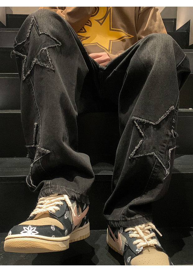 Star Embroidery Straight Casual Men Jeans Gothic Neutral New Wide Leg Loose Hip-hop Fashion Youth Streetwear Denim Trousers Y2K