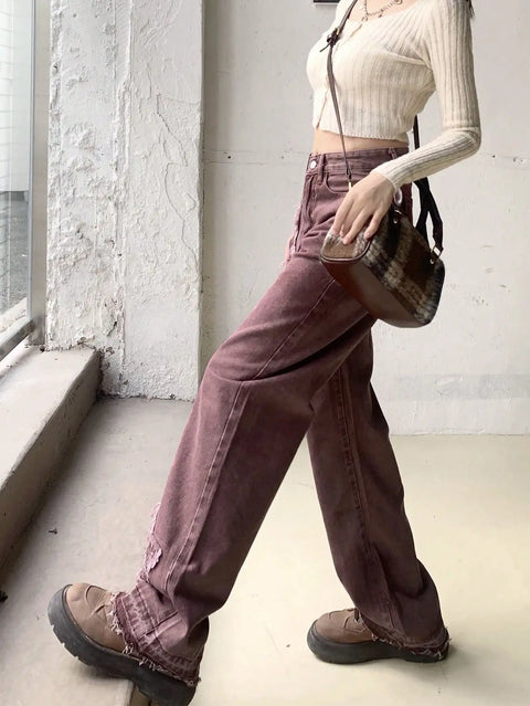 American Retro Ripped Wide Legs 2024 New Women's Autum Fashion Trendy Narrow Straight Pants