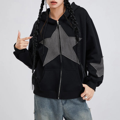 Winter Casual Hooded Coat Women Long Sleeve Star Print Zip Up Drawstring Hoodie Gothic Loose Outwear