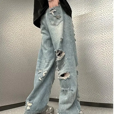 Vintage Distressed Straight-leg Jeans American Style Slimming Bell Bottoms Loose Fit High-waisted Summer Thin Version For Men