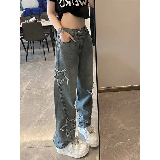 Blue Embroidered Jeans Women, Spring and Autumn New Design, Niche Loose Straight Wide-Leg Pants Trend