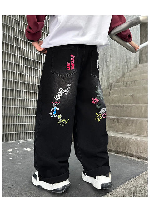 Hot Sale Kids Fashion Jeans With Cartoon For Boys Luxury Clothing Denim Pants Elegant Teenage Child Straight Fit Jeans Trousers