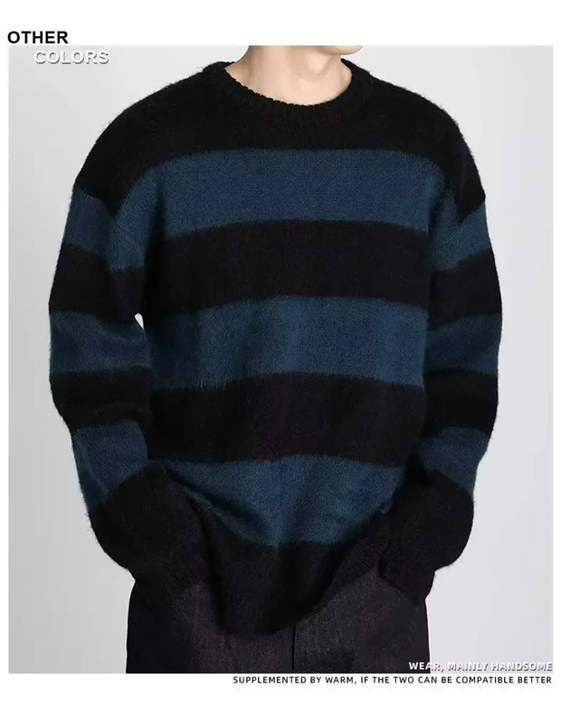 Casual Round Neck Striped Knitted Sweater New Style Loose Fit American Style Top Trendy Men's Trendy Sweater Winter