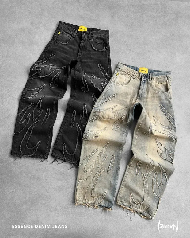 Y2K High Quality Vintage Jeans American Fashion Harajuku Flame Embroidery High Waist Wide Leg Jeans Men Women Hip Hop Streetwear