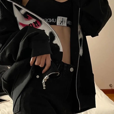 Y2K Rhinestone Cobweb Zip Up Oversized Sweatshirt 2022 Autumn Goth Hoodie Men Women Grunge Hooded Jacket Streetwear Y2K Clothing