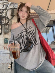 T-Shirts Women Off-shoulder Loose Fit Lazy Style All-match Young Students High Street Korean Fashion Spring Daily Tops Trendy