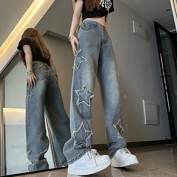 Blue Embroidered Jeans Women, Spring and Autumn New Design, Niche Loose Straight Wide-Leg Pants Trend