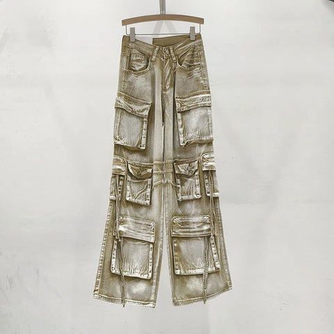 Pink Multi Pocket Overalls Jeans Female Y2K Punk Hip Hop Gothic Loose Fashion Jeans 2024 Autumn New American Retro High Street