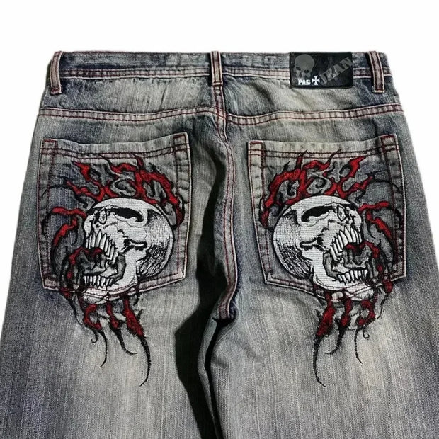 Y2K Washed Distressed Black Gray Jeans Men Women Harajuku Vintage Skull Graphic Embroidered Jeans Streetwear High Waist Trousers