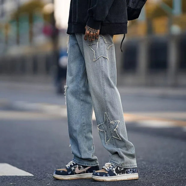 Hip Hop High Street Baggy Denim Trousers 2025 Men Star Embroidery Straight Casual Jeans Male New Fashion Straight Wide Leg Jeans