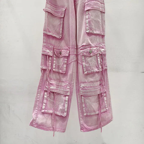 Pink Multi Pocket Overalls Jeans Female Y2K Punk Hip Hop Gothic Loose Fashion Jeans 2024 Autumn New American Retro High Street