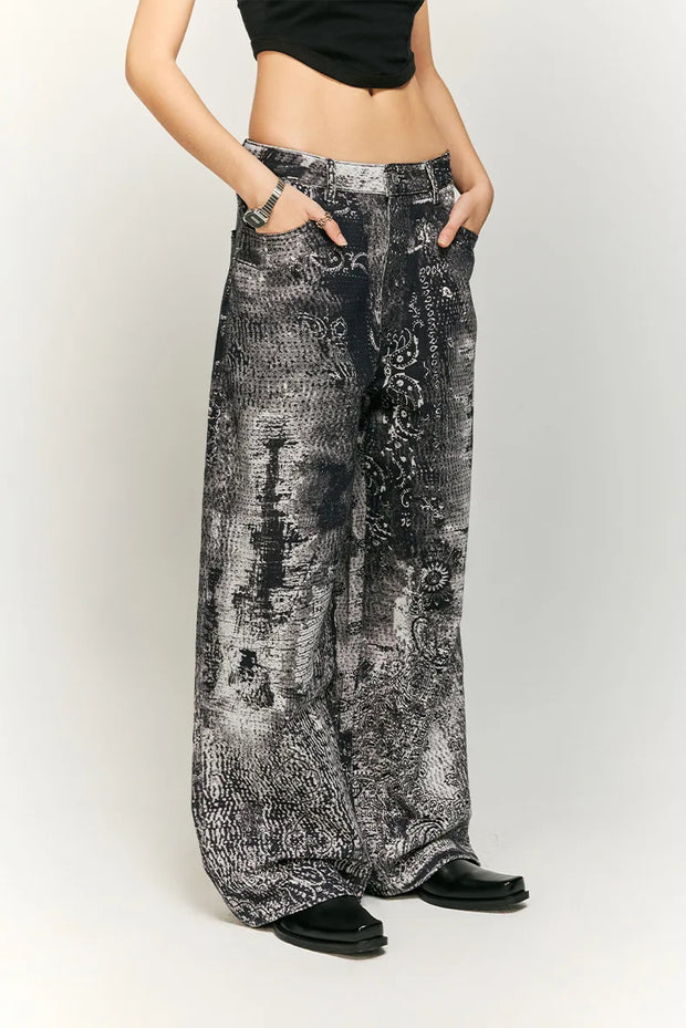 Retro Cashew Flower Digital Print Jeans Y2k Men’s Jeans Men Clothing Distressed Pants