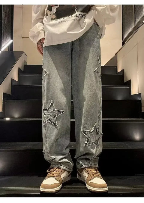 American High Street Style Men's Jeans Autumn Winter Straight Leg Loose Floor-Length Wide Leg Pants Casual Fashion