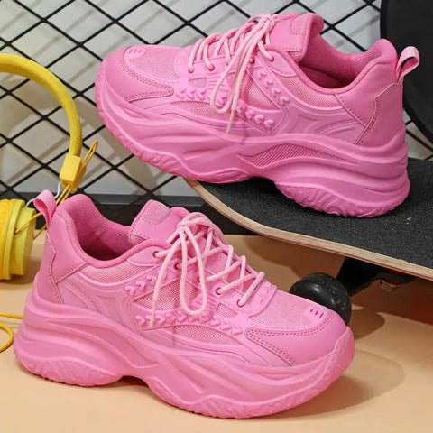 Pink Platform Sneakers Women Thick Sole Korean Chunky Sneakers 2025 Fashion Dad Shoes Woman Spring Height Increasing Sneakers