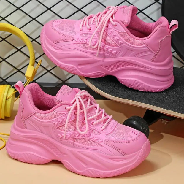 Pink Platform Sneakers Women Thick Sole Korean Chunky Sneakers 2025 Fashion Dad Shoes Woman Spring Height Increasing Sneakers