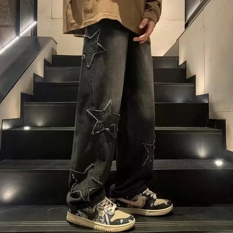 American High Street Style Men's Jeans Autumn Winter Straight Leg Loose Floor-Length Wide Leg Pants Casual Fashion