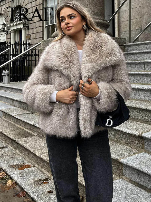 TRAFZA Women Fashion Cropped Faux Fur Jacket Coat Long Sleeve Front Snap-button Female Outerwear Chic Lapel Collar Thick Coat