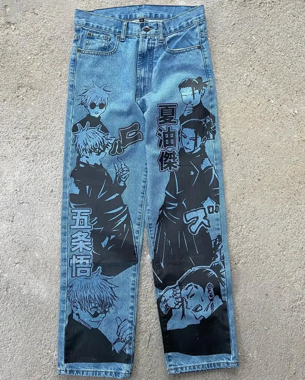 Harajuku Anime Graphic wide leg jeans High Waist Jeans Pants Women new Japanese Style Streetwear Y2K Jeans for Men Wide Trouser