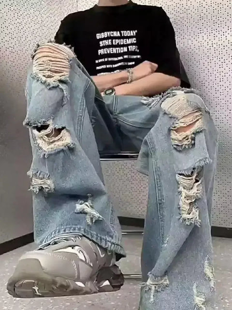 Vintage Distressed Straight-leg Jeans American Style Slimming Bell Bottoms Loose Fit High-waisted Summer Thin Version For Men
