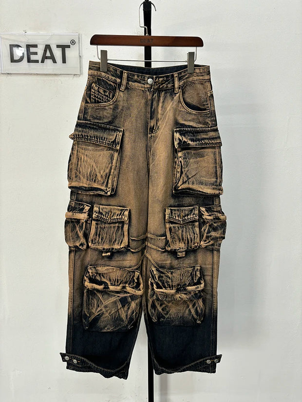 DEAT Fashion Gradient Multiple Pockets Design Jeans Women's Single Button High Waist Denim Pants 2025 Spring Female New 11XX4925