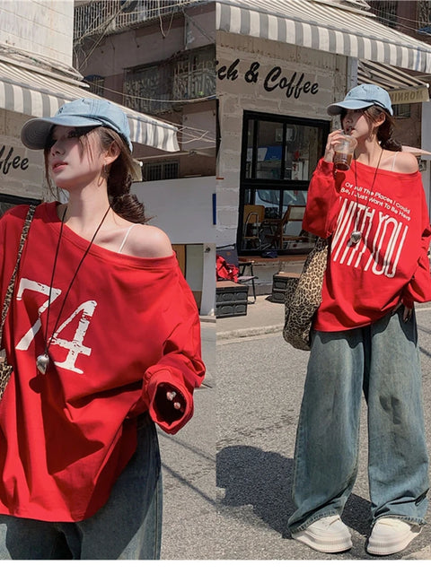 T-Shirts Women Off-shoulder Loose Fit Lazy Style All-match Young Students High Street Korean Fashion Spring Daily Tops Trendy