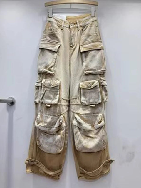 DEAT Fashion Gradient Multiple Pockets Design Jeans Women's Single Button High Waist Denim Pants 2025 Spring Female New 11XX4925
